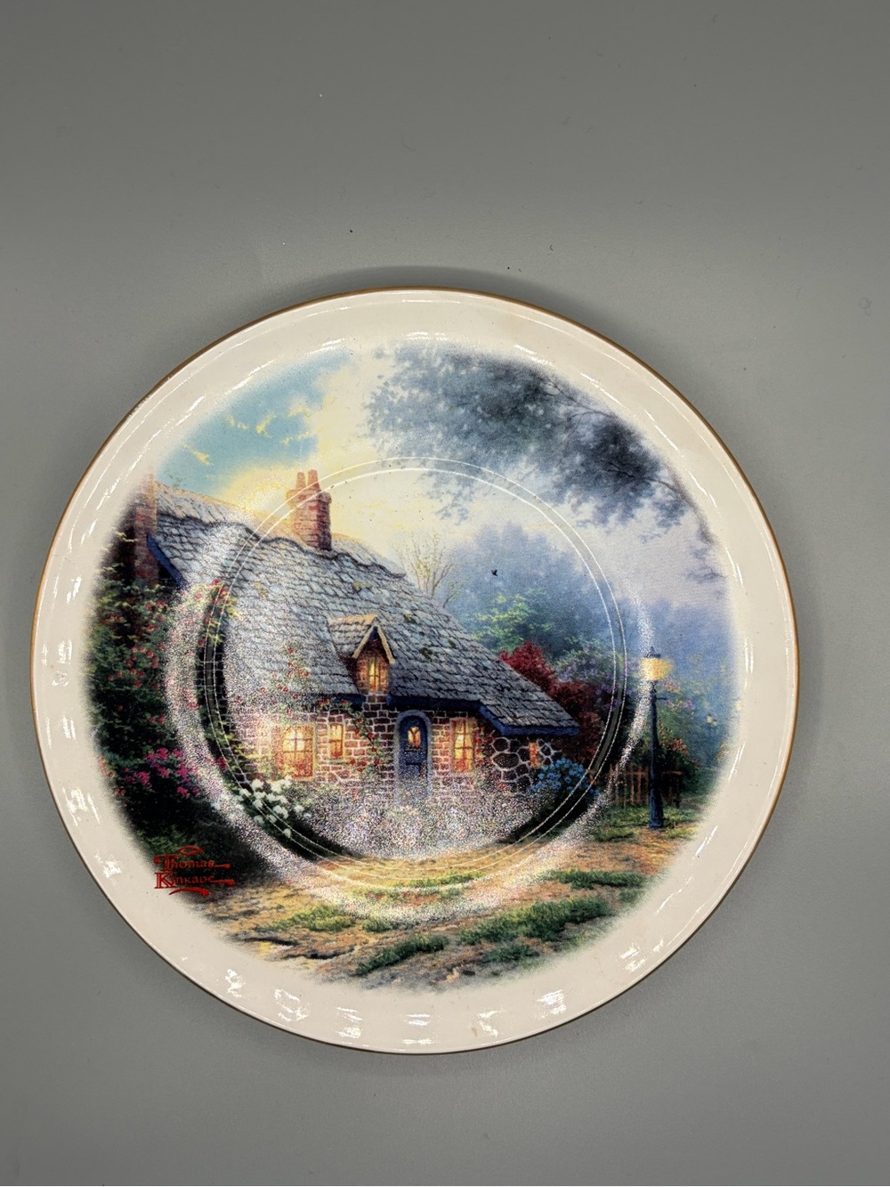 Thomas Kinkade Moonlight Cottage Teleflora Decorative Plate 6.5 In Gold Rim